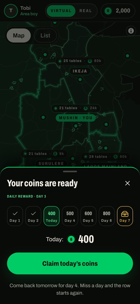 The daily reward in the app: a row of seven days of virtual coins.